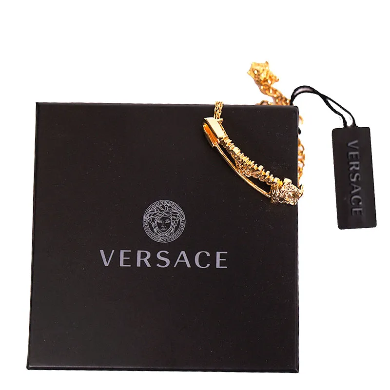 NEW $425 VERSACE TRIBUTE Gold Tone MEDUSA SAFETY PIN Charm Double Link BRACELET