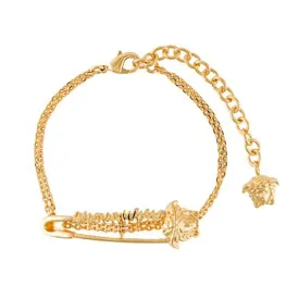 NEW $425 VERSACE TRIBUTE Gold Tone MEDUSA SAFETY PIN Charm Double Link BRACELET