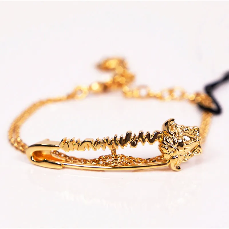 NEW $425 VERSACE TRIBUTE Gold Tone MEDUSA SAFETY PIN Charm Double Link BRACELET