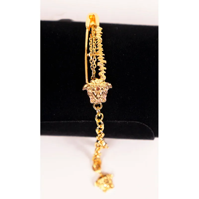 NEW $425 VERSACE TRIBUTE Gold Tone MEDUSA SAFETY PIN Charm Double Link BRACELET