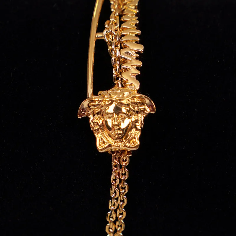 NEW $425 VERSACE TRIBUTE Gold Tone MEDUSA SAFETY PIN Charm Double Link BRACELET