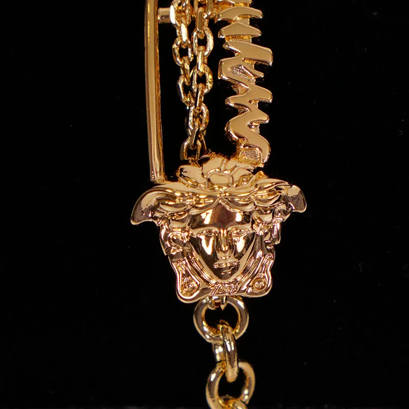 NEW $425 VERSACE TRIBUTE Gold Tone MEDUSA SAFETY PIN Charm Double Link BRACELET