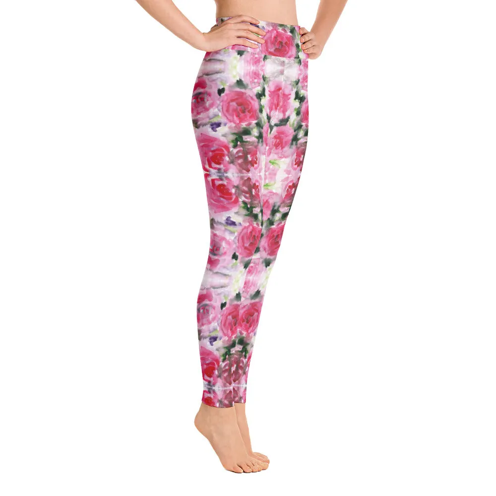Pink Rose Women's Yoga Leggings, Floral Print Best Long Gym Tights-Made in USA/EU/MX