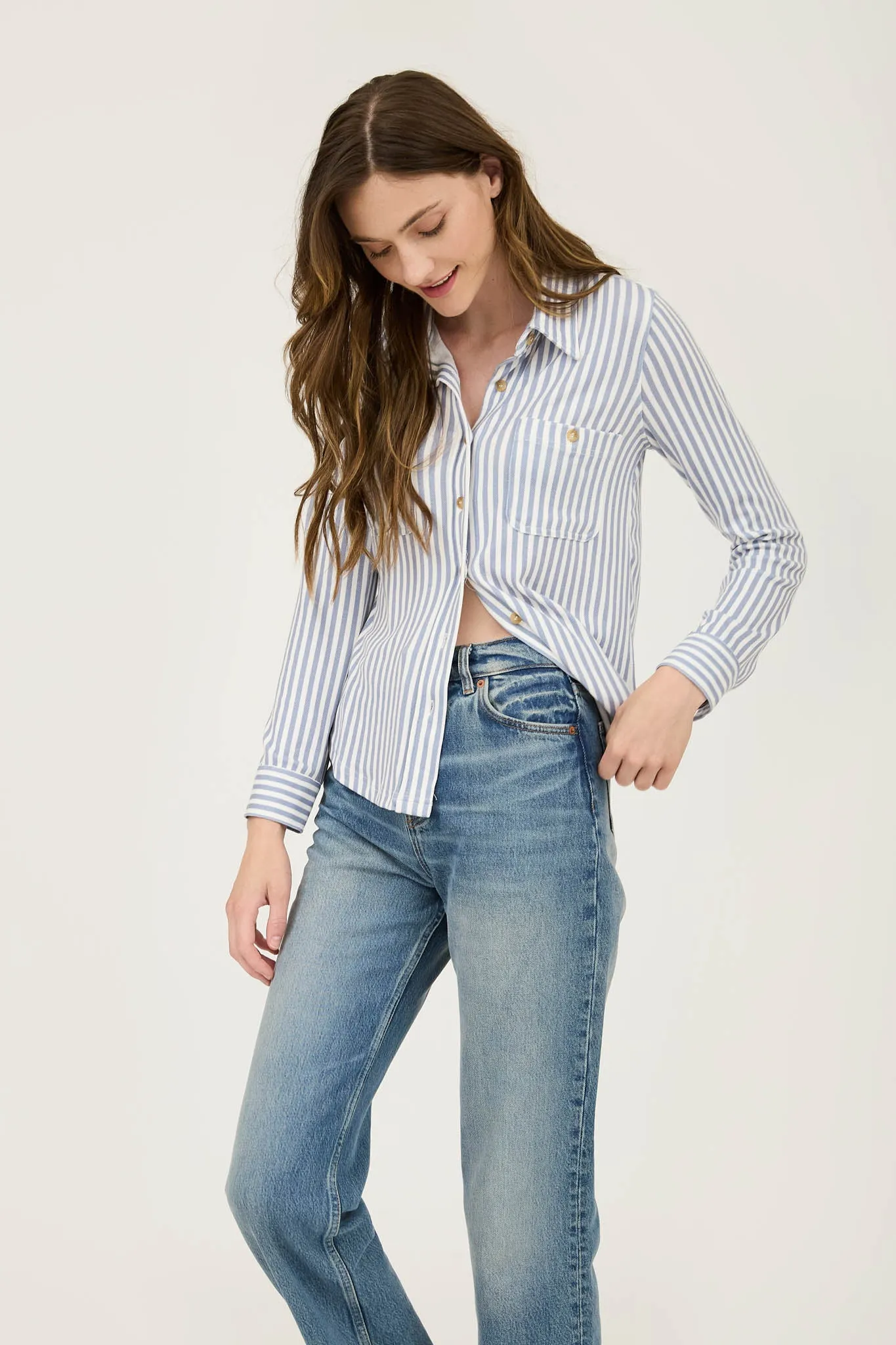 PLUS STRIPE COLLARED LONG SLEEVE BUTTON DOWN SHIRT