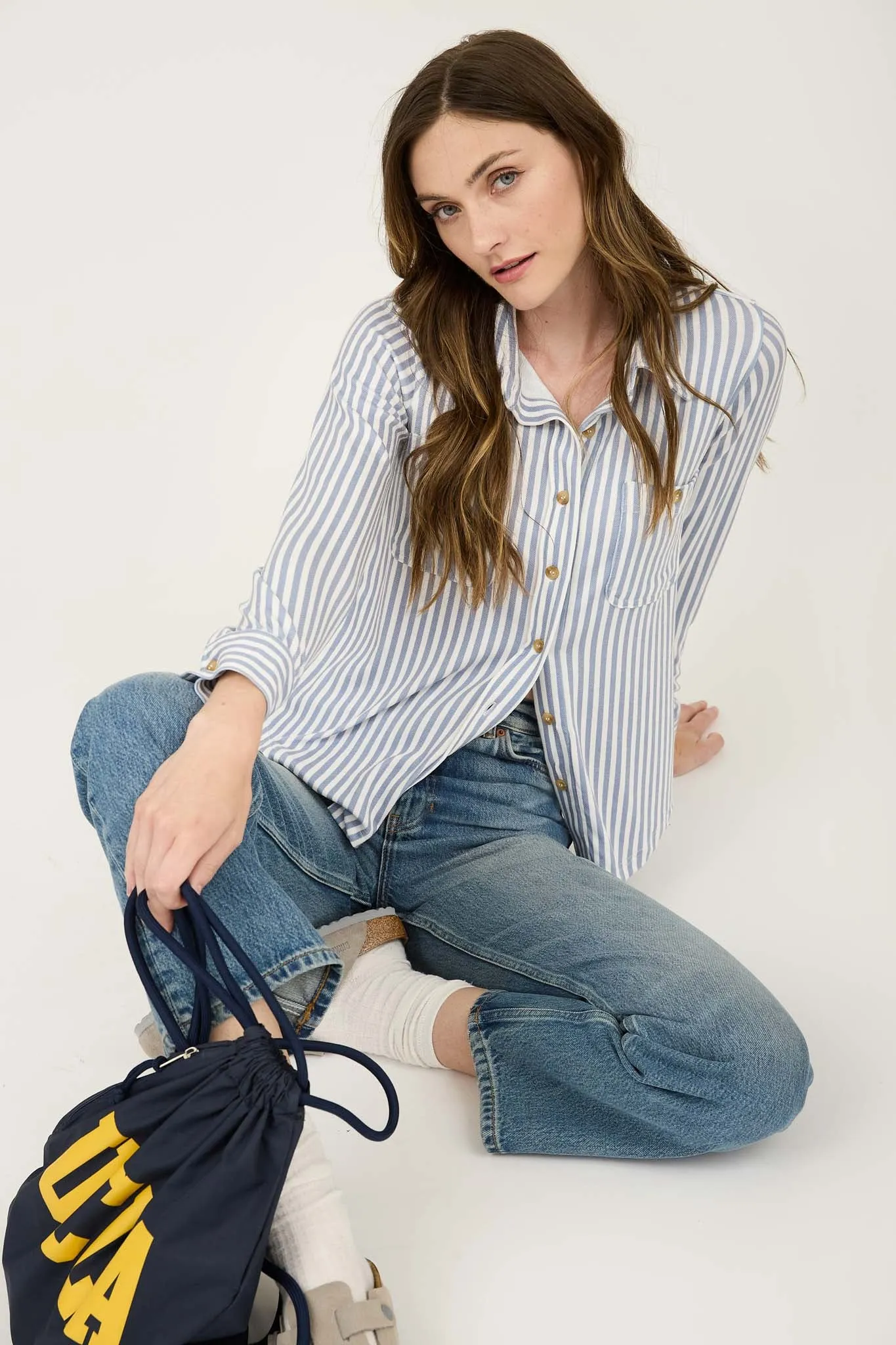 PLUS STRIPE COLLARED LONG SLEEVE BUTTON DOWN SHIRT