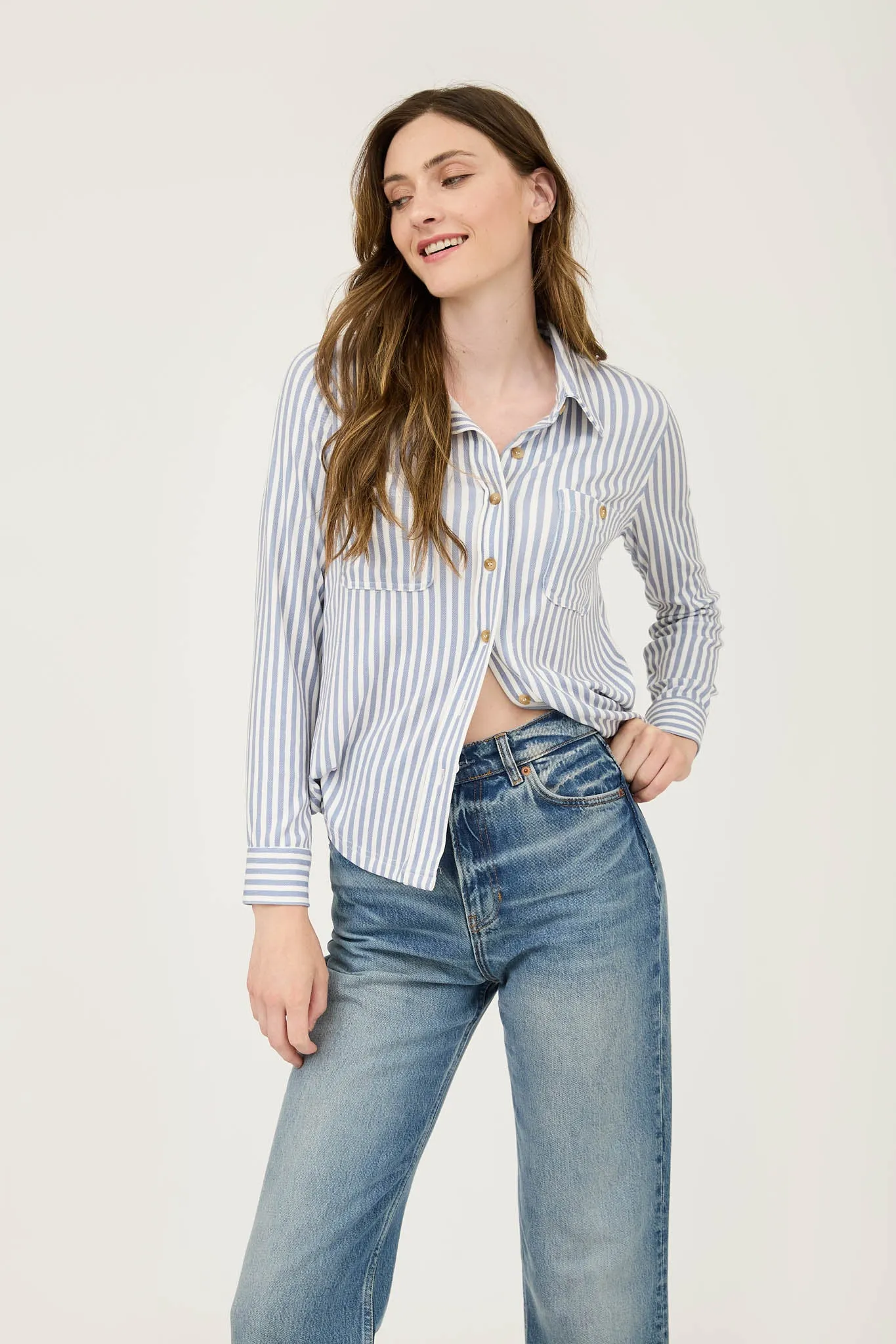 PLUS STRIPE COLLARED LONG SLEEVE BUTTON DOWN SHIRT