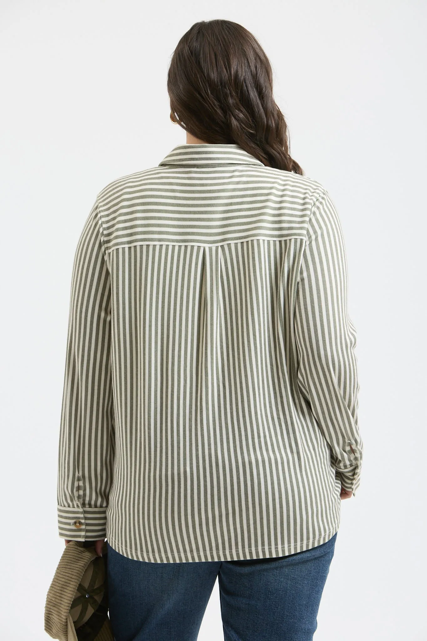 PLUS STRIPE COLLARED LONG SLEEVE BUTTON DOWN SHIRT