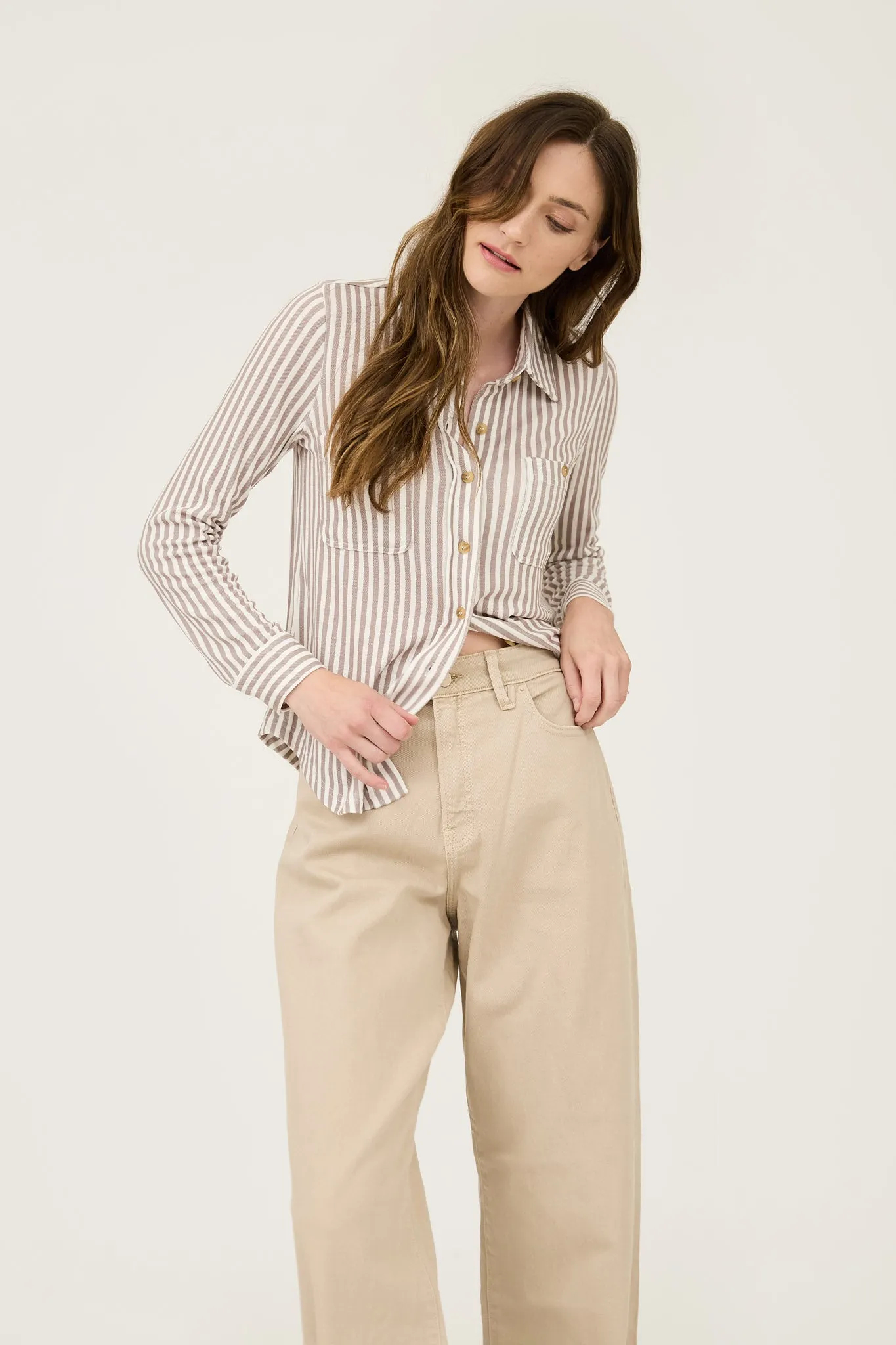 PLUS STRIPE COLLARED LONG SLEEVE BUTTON DOWN SHIRT