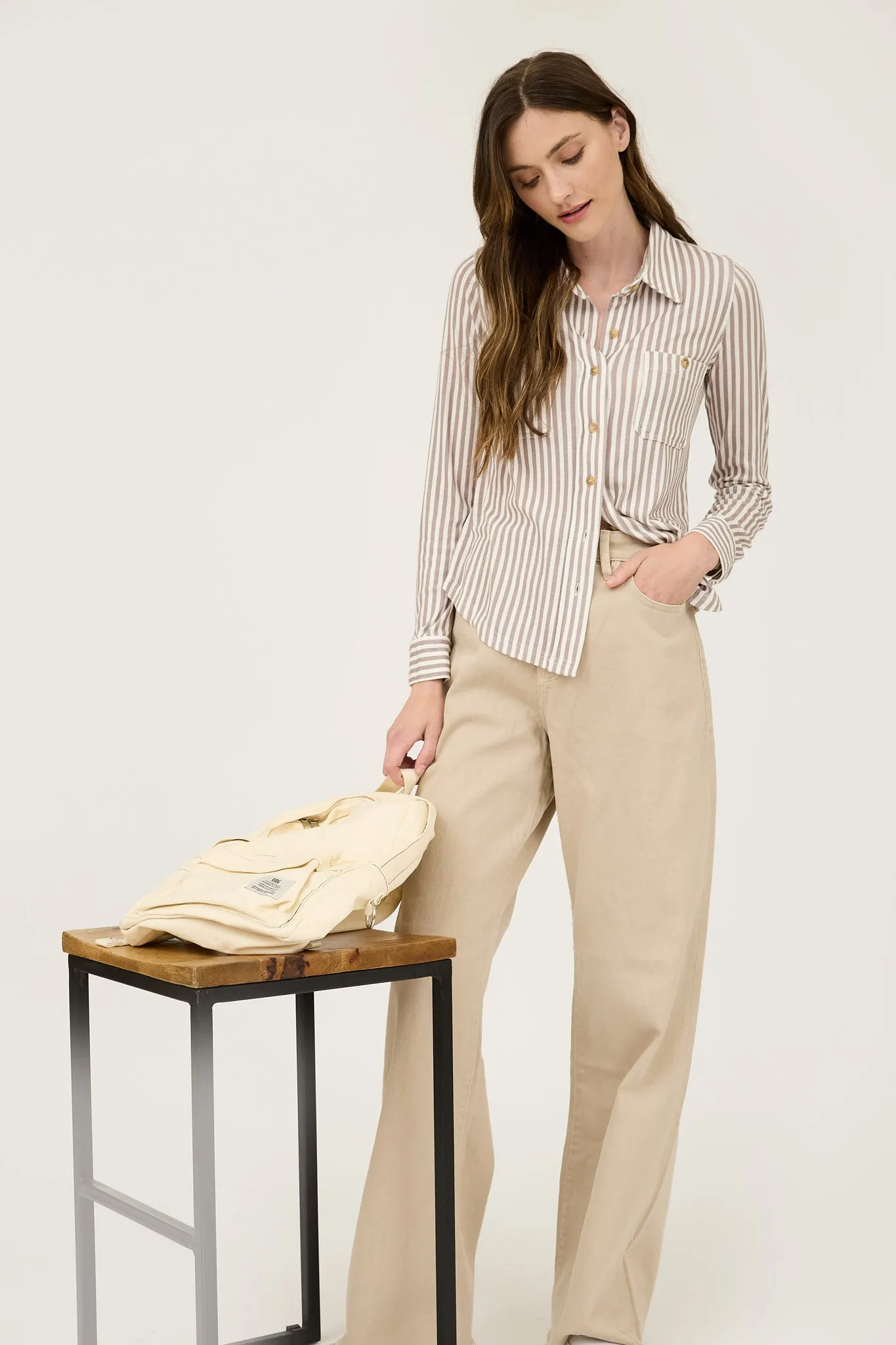 PLUS STRIPE COLLARED LONG SLEEVE BUTTON DOWN SHIRT