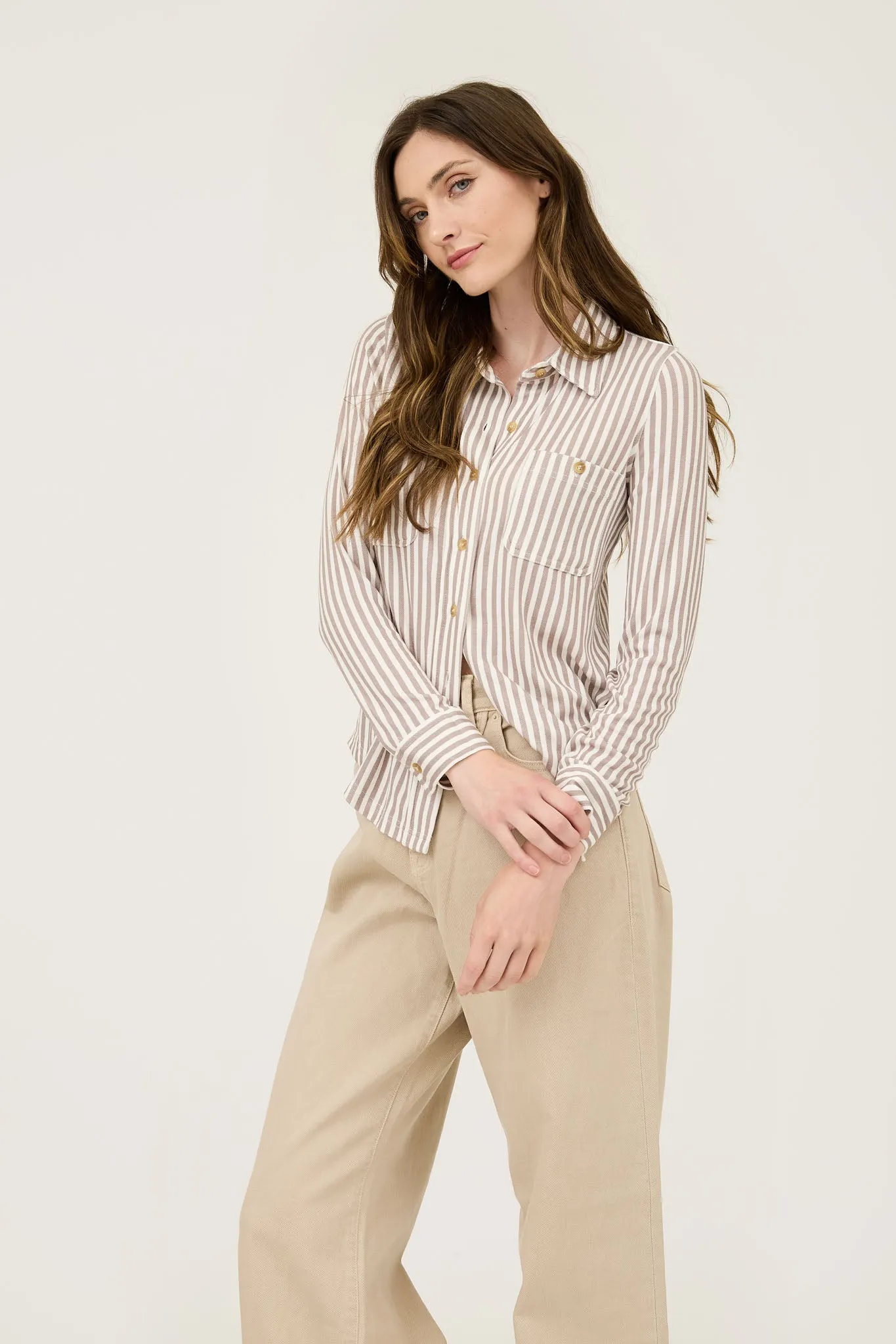 PLUS STRIPE COLLARED LONG SLEEVE BUTTON DOWN SHIRT