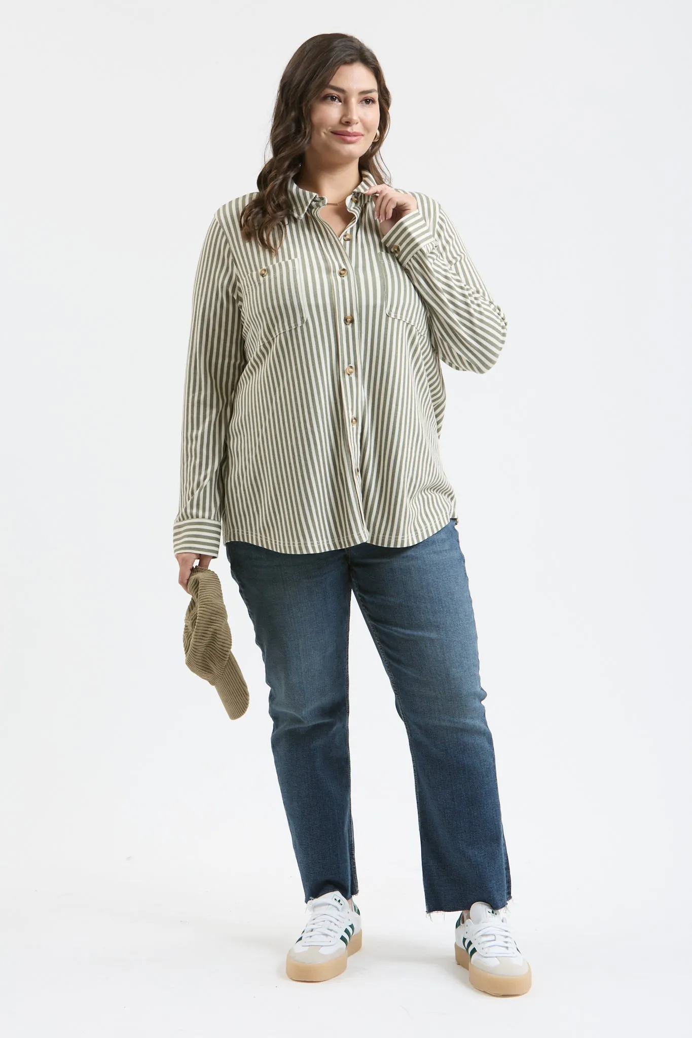 PLUS STRIPE COLLARED LONG SLEEVE BUTTON DOWN SHIRT