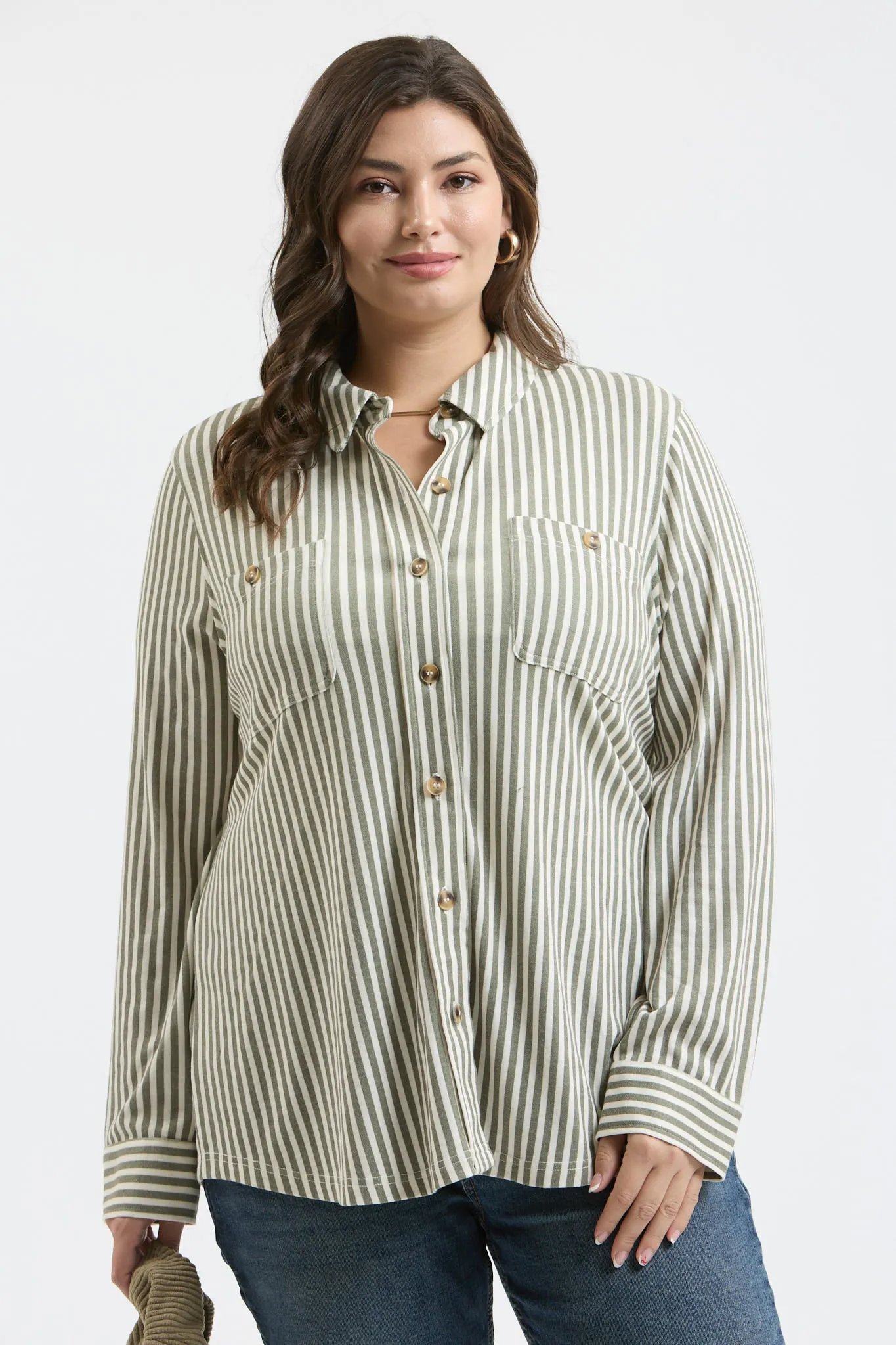 PLUS STRIPE COLLARED LONG SLEEVE BUTTON DOWN SHIRT