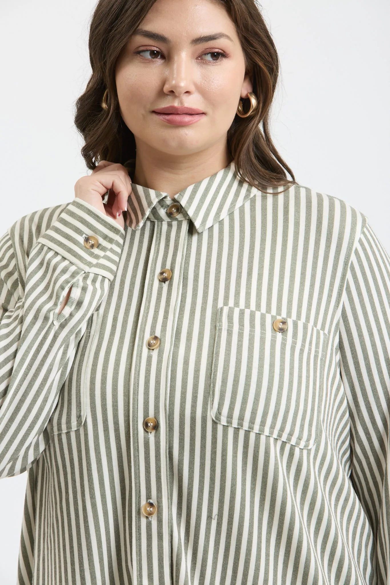 PLUS STRIPE COLLARED LONG SLEEVE BUTTON DOWN SHIRT