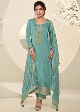 Sea Green Jacquard Muslin Suit with Buttis & Handwork