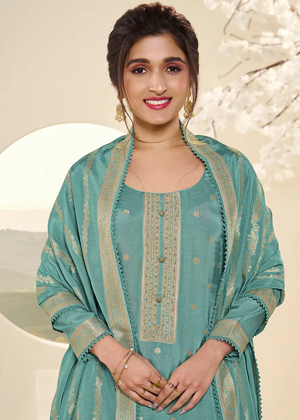 Sea Green Jacquard Muslin Suit with Buttis & Handwork