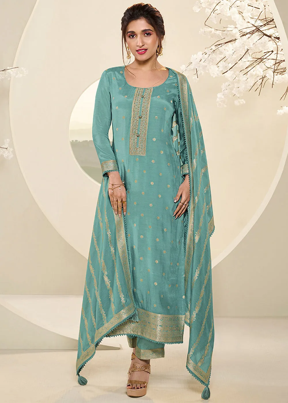 Sea Green Jacquard Muslin Suit with Buttis & Handwork
