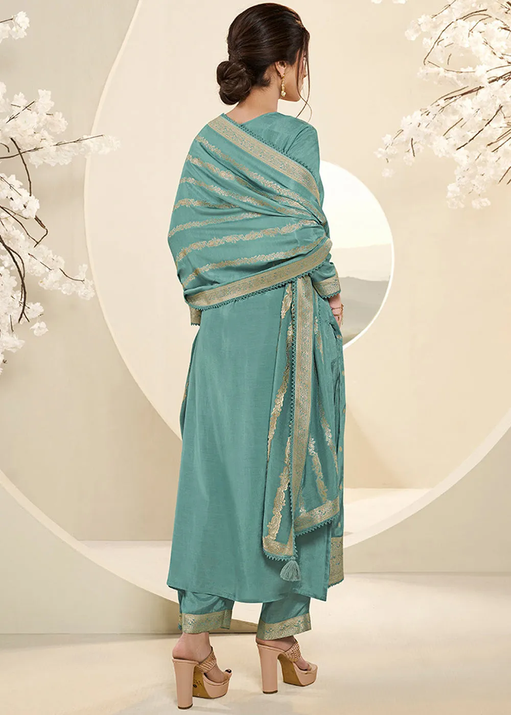 Sea Green Jacquard Muslin Suit with Buttis & Handwork