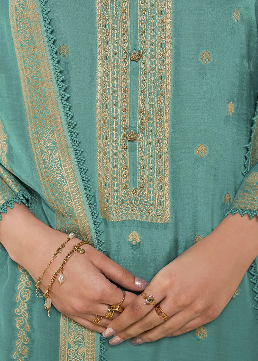 Sea Green Jacquard Muslin Suit with Buttis & Handwork