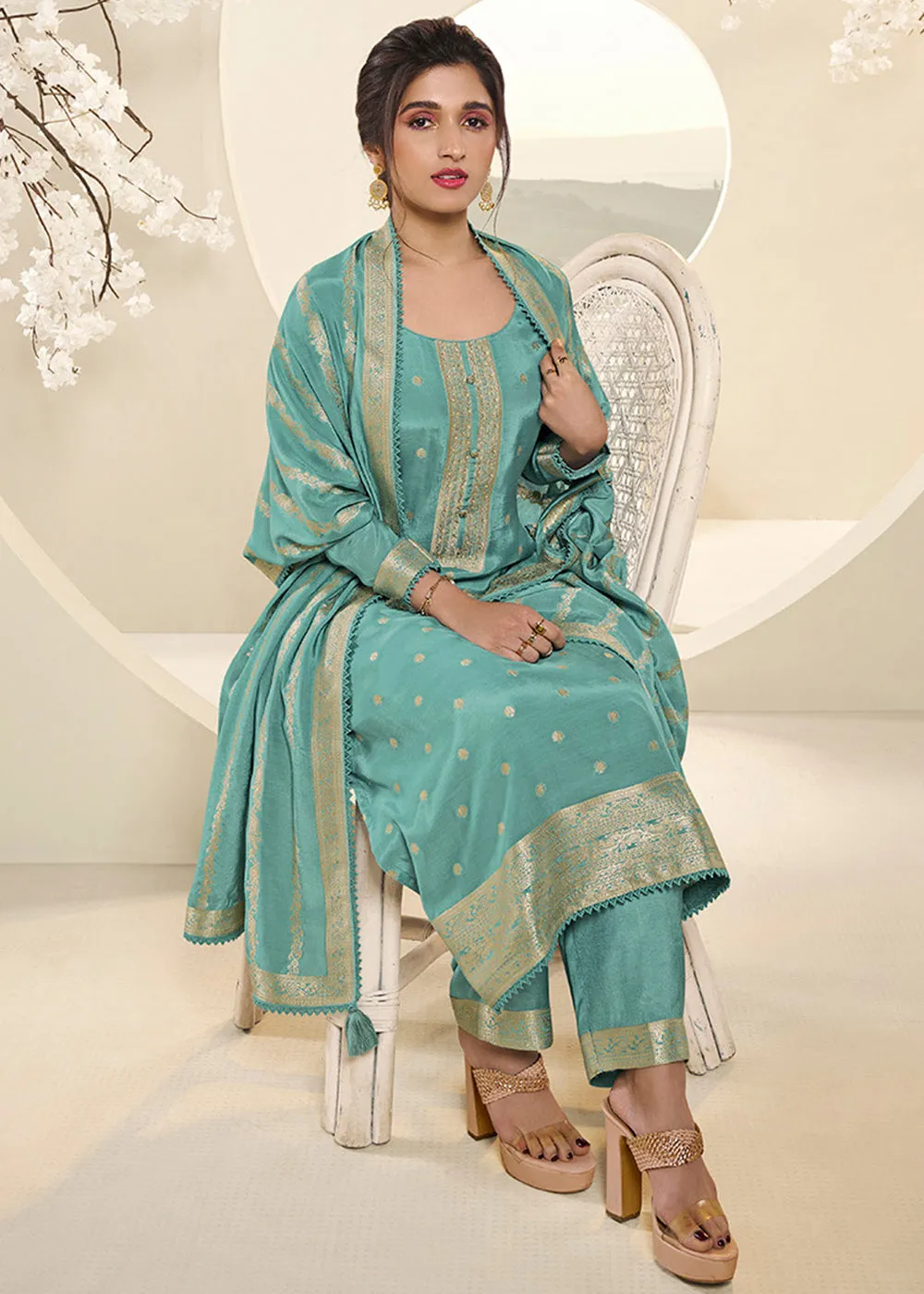 Sea Green Jacquard Muslin Suit with Buttis & Handwork