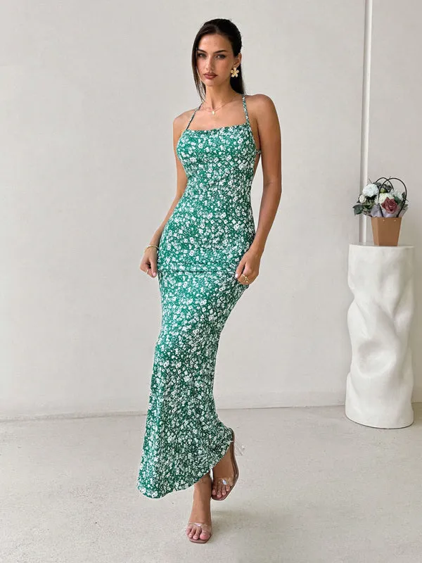 Sexy Halter Body Hugging Green Backless Fishtail Maxi Dress