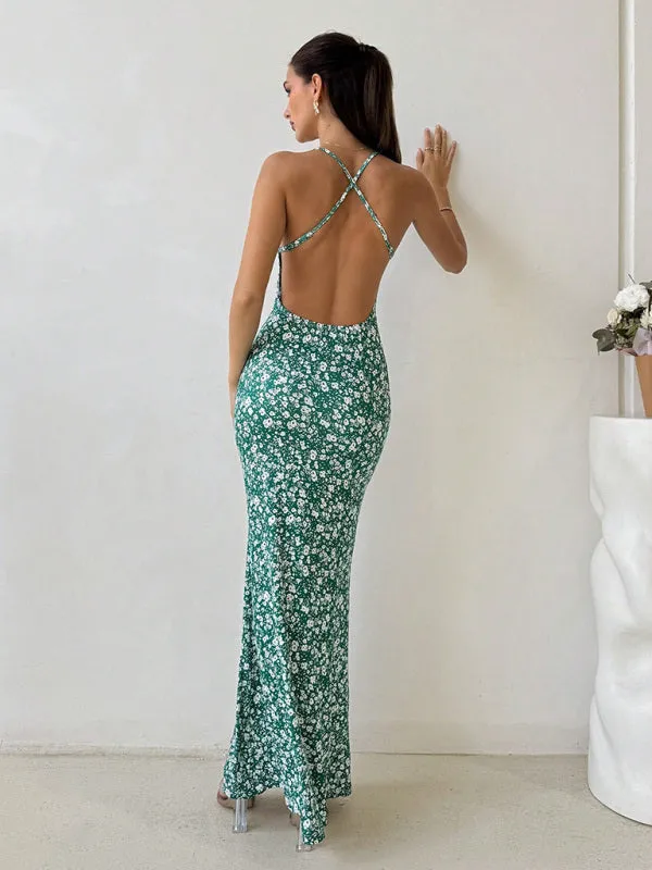 Sexy Halter Body Hugging Green Backless Fishtail Maxi Dress