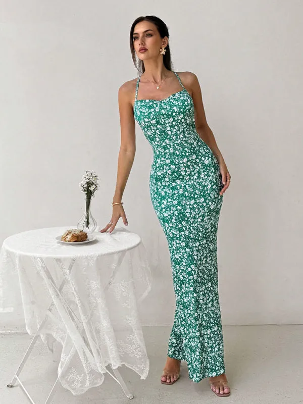 Sexy Halter Body Hugging Green Backless Fishtail Maxi Dress