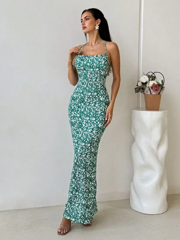Sexy Halter Body Hugging Green Backless Fishtail Maxi Dress