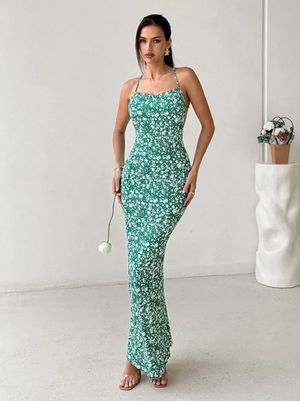 Sexy Halter Body Hugging Green Backless Fishtail Maxi Dress