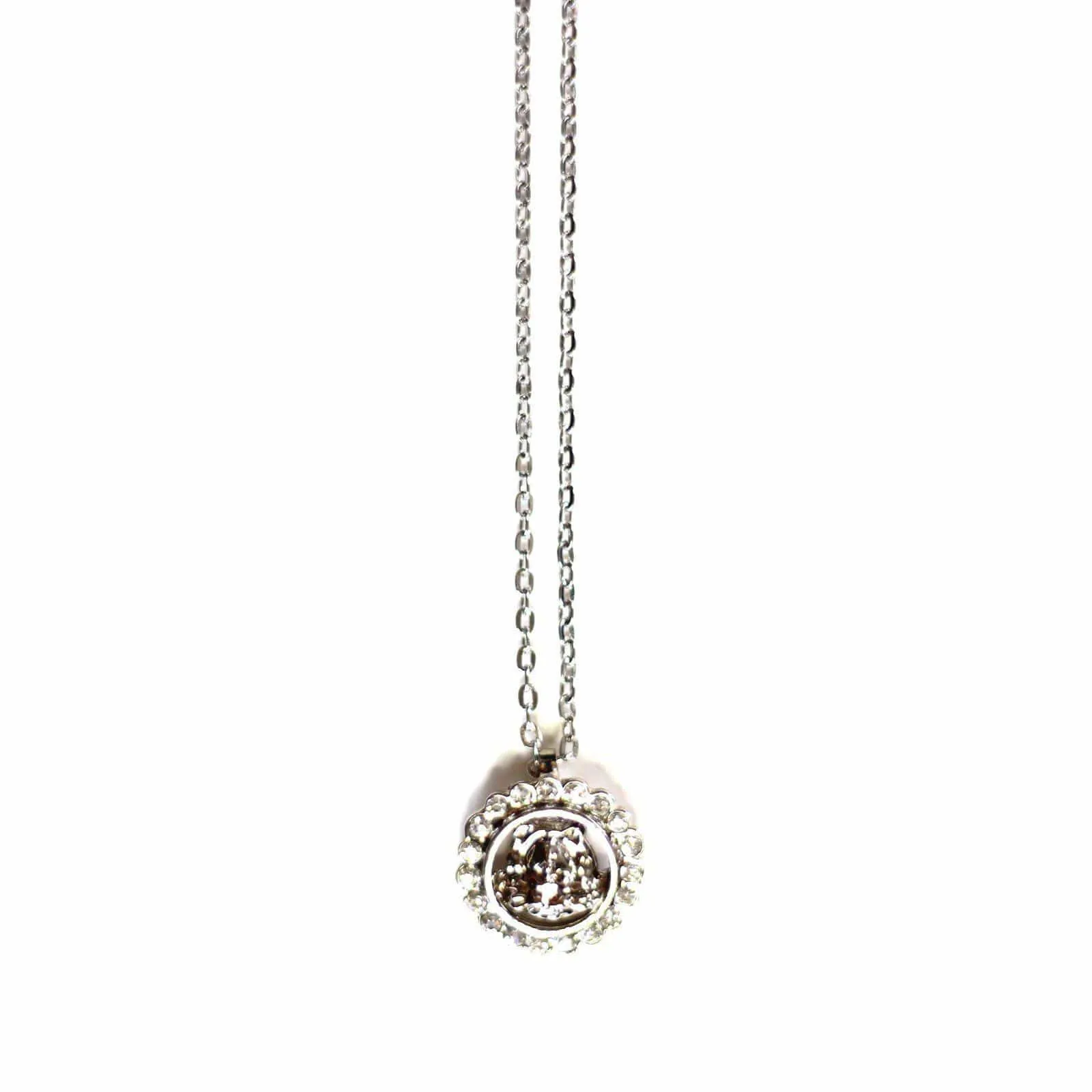 Small Silver Gianni Versace Upside Down Medusa Head Pendent Chain with Crystal Accents