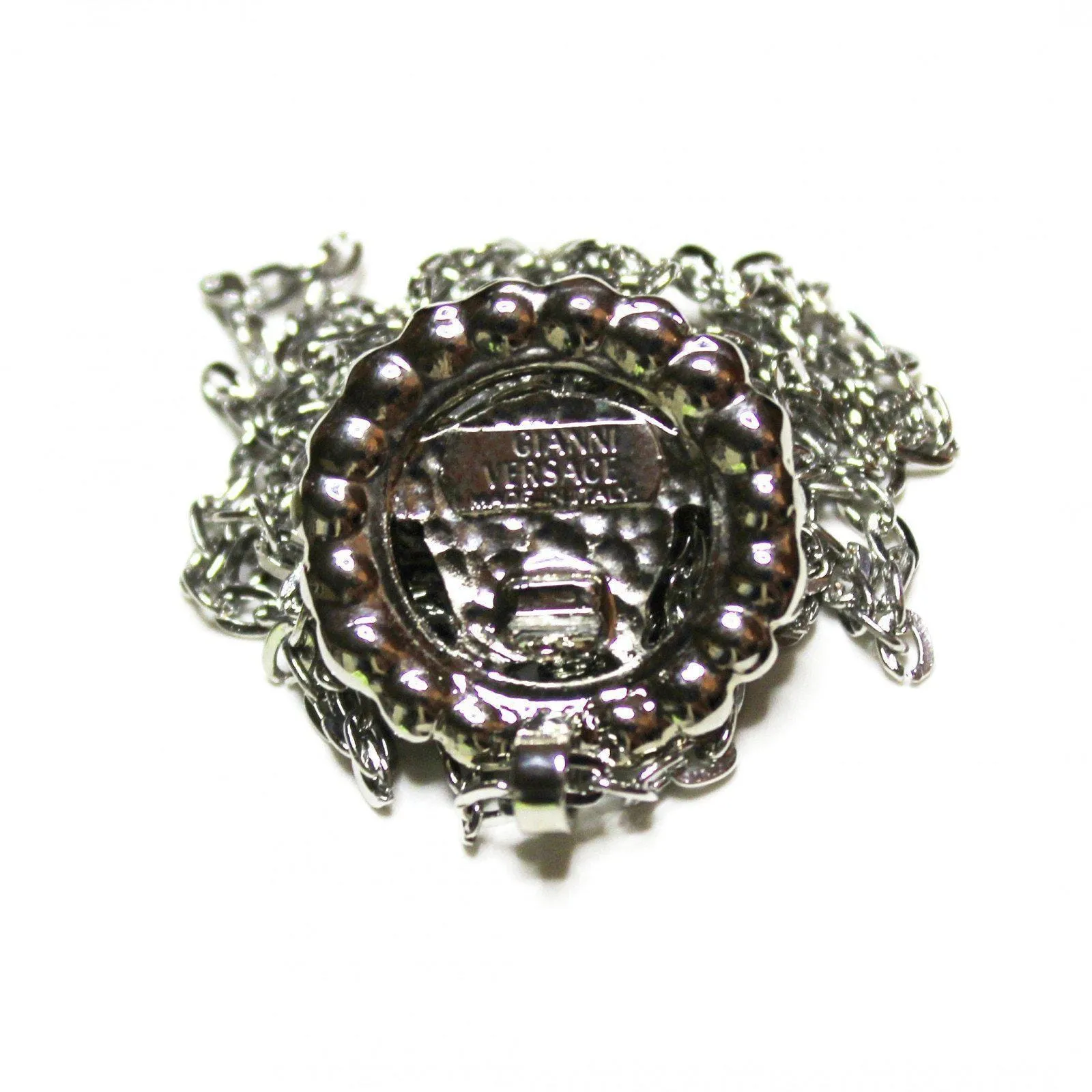 Small Silver Gianni Versace Upside Down Medusa Head Pendent Chain with Crystal Accents