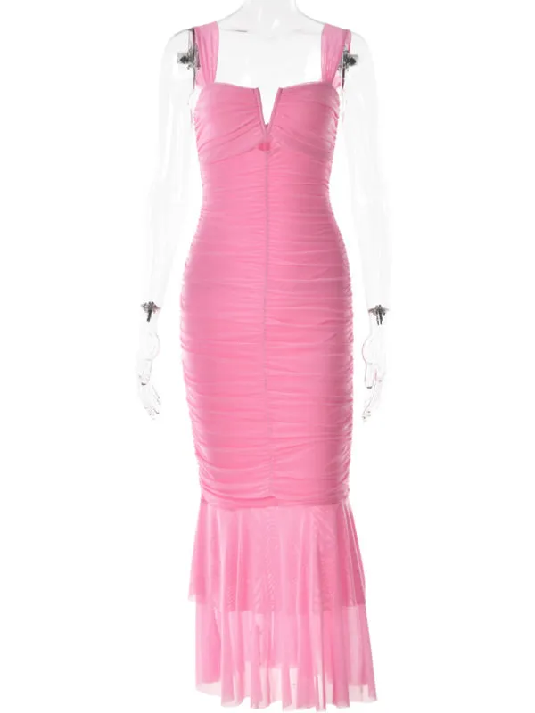 Sweetheart Neck Form-fitting Pleated Fishtail Maxi Dress