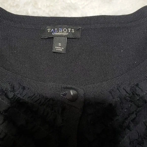 Talbots Black Button Ruffle Front 3/4 Sleeve Light Weight Silk Cardigan Size S