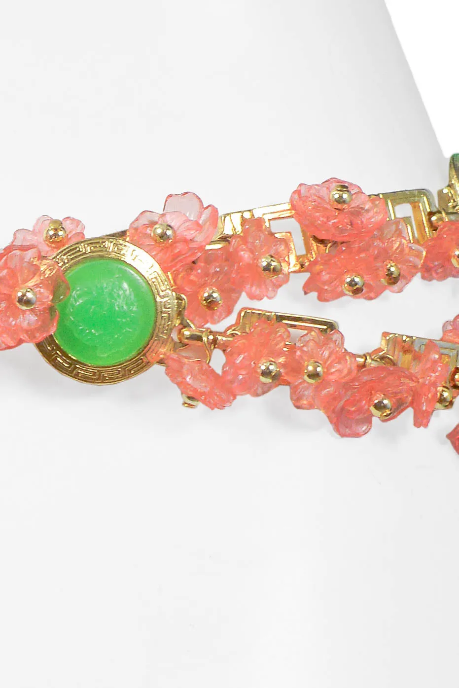 VERSACE ACRYLIC PINK FLORAL & GOLD GRECO BELT 1990S