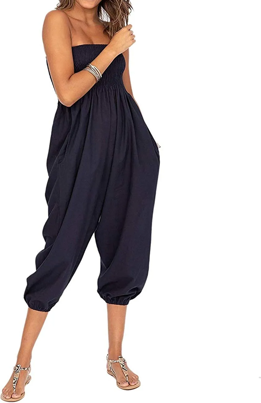 Whitewhale Women's 2 in 1 Hippie Bohemian Elastic Smocked Waist Harem Pants Casual Yoga Pants Jumpsuit