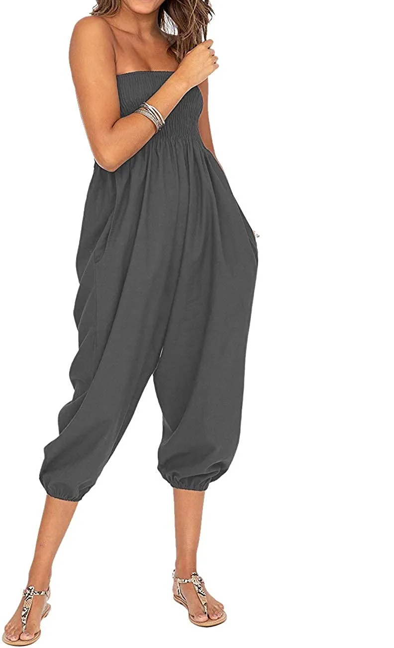 Whitewhale Women's 2 in 1 Hippie Bohemian Elastic Smocked Waist Harem Pants Casual Yoga Pants Jumpsuit