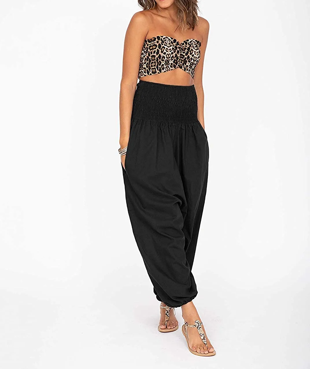 Whitewhale Women's 2 in 1 Hippie Bohemian Elastic Smocked Waist Harem Pants Casual Yoga Pants Jumpsuit