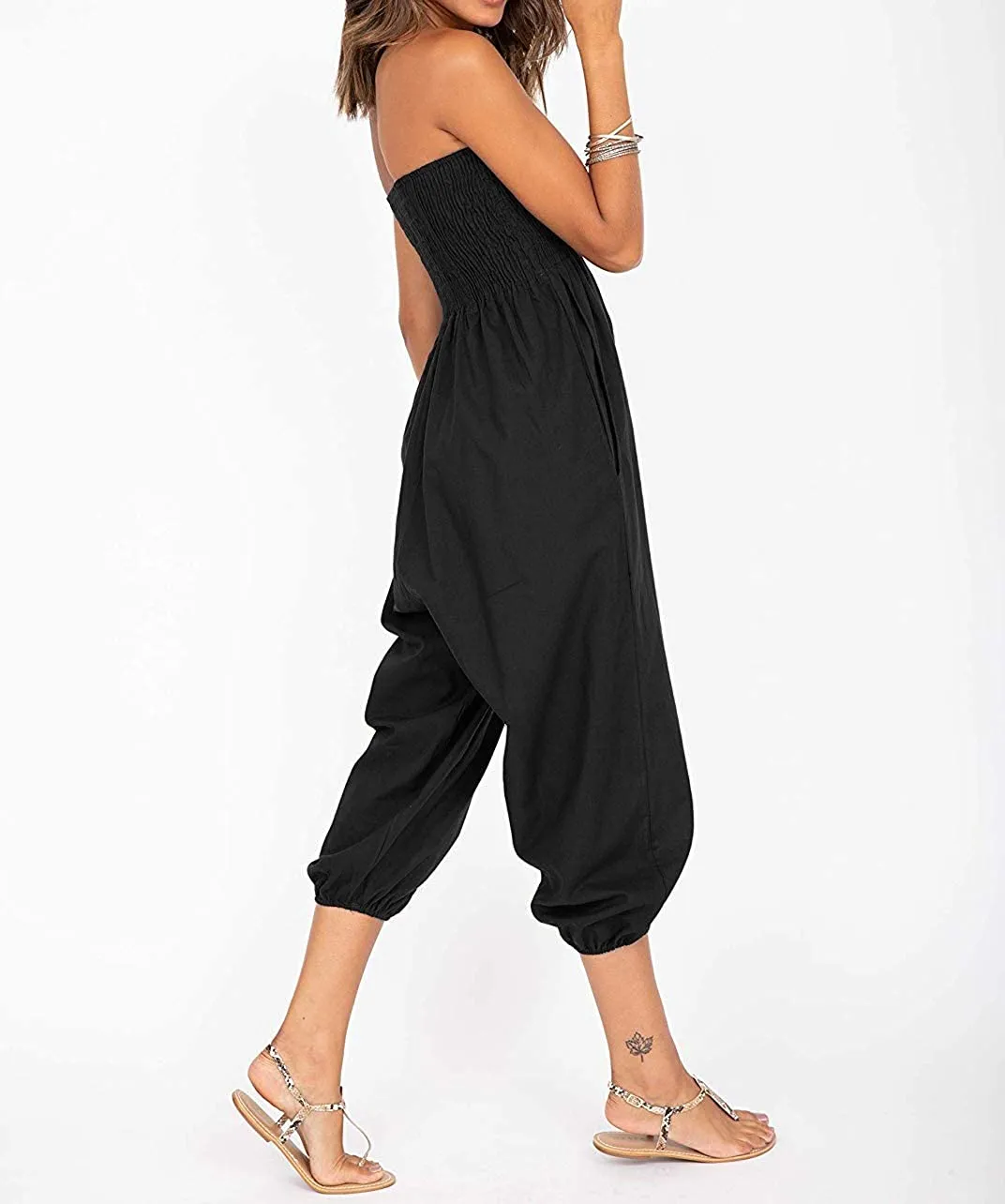Whitewhale Women's 2 in 1 Hippie Bohemian Elastic Smocked Waist Harem Pants Casual Yoga Pants Jumpsuit