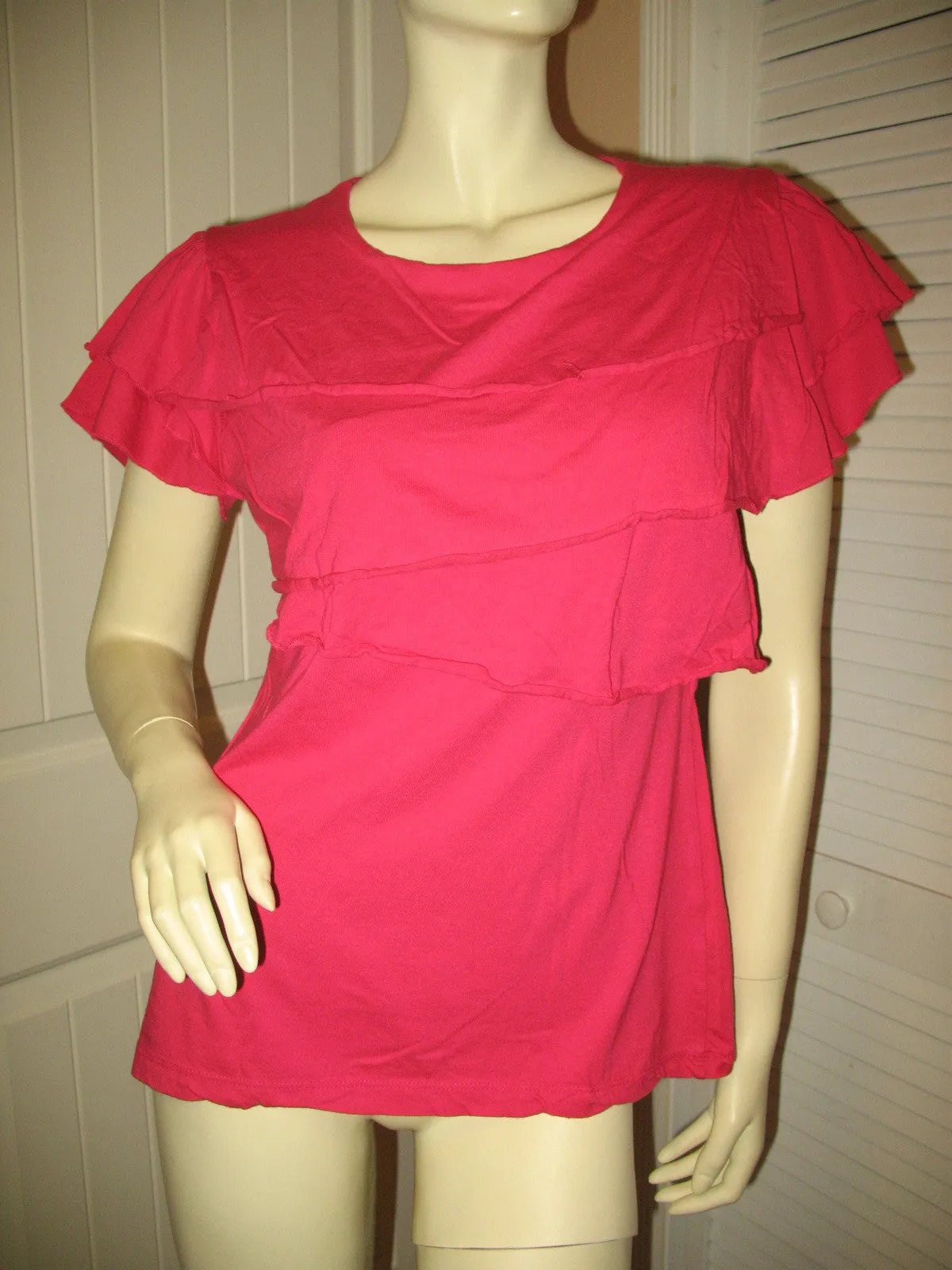 Womens Tops RED Cap Sleeve TIER TIERED Layer Layered Chest TOP BLOUSE Casual Clothes Clothing Large